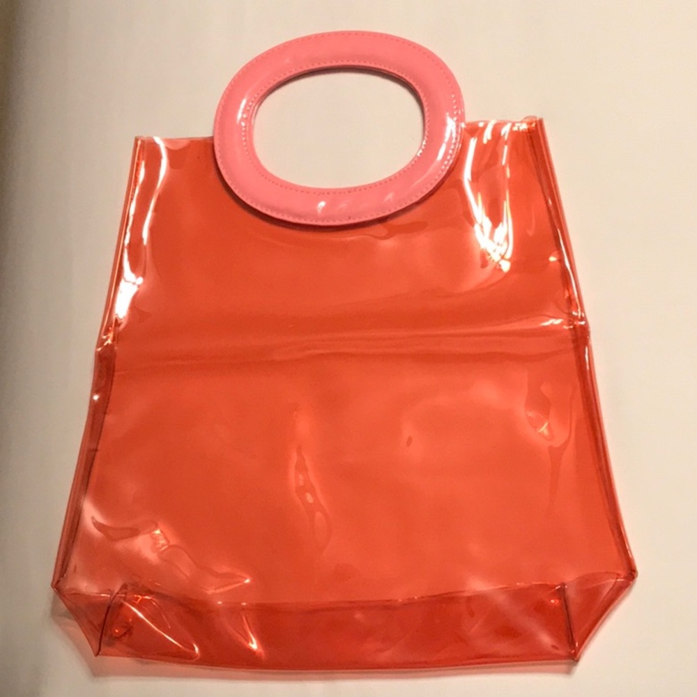 NWOT Clear Orange Plastic Tote With Pink Handle